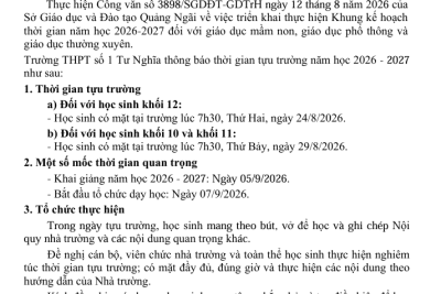 THÔNG BÁO TỰU TRƯỜNG NĂM HỌC 2026 – 2027- TRƯỜNG THPT SỐ 1 TƯ NGHĨA